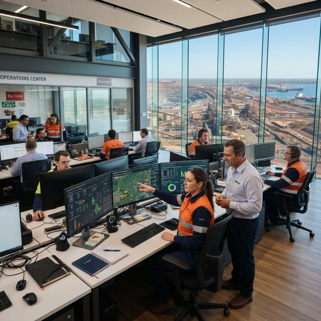 Equipo de operaciones monitoreando paneles en una sala de control